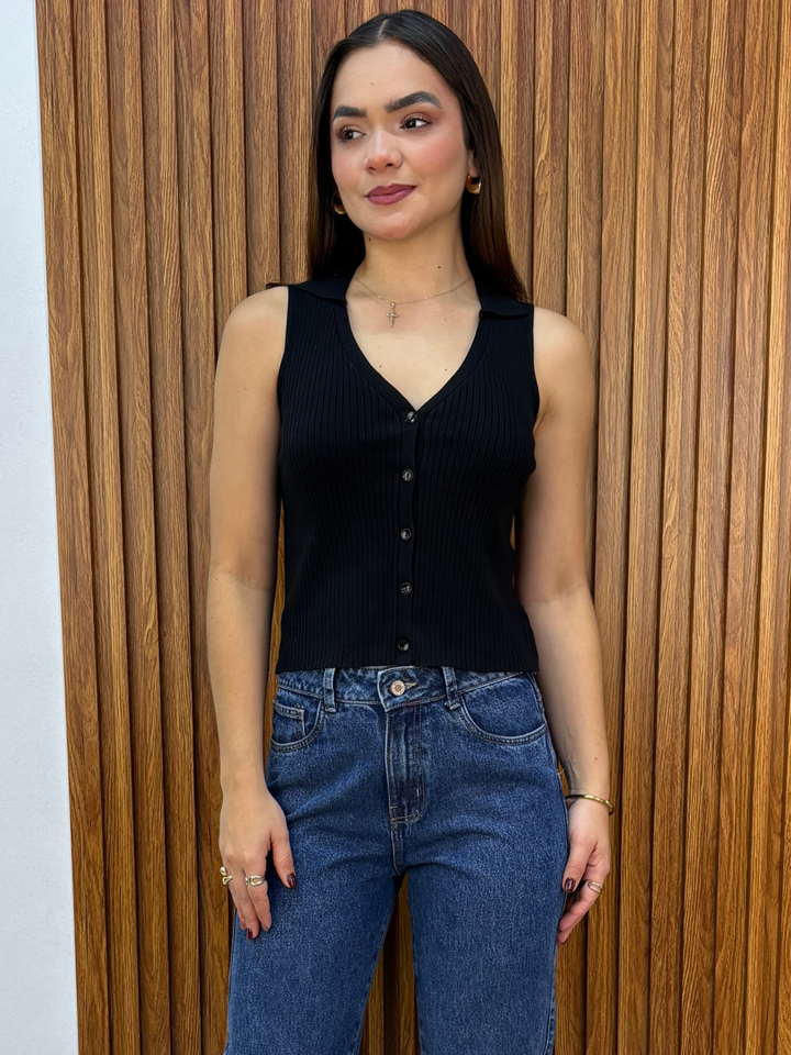 TOP TEJIDO CUELLO CAMISERO LUPE NEGRO