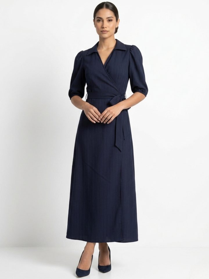 VESTIDO ENVOLVENTE CON CUELLO CAMISERO GRACE AZUL