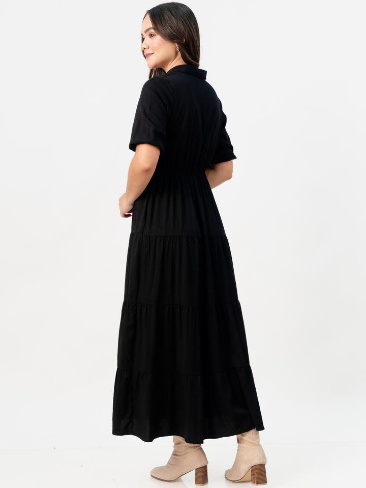 VESTIDO CAMISERO CON FALDA EN TIEMPOS ZAMIRA NEGRO