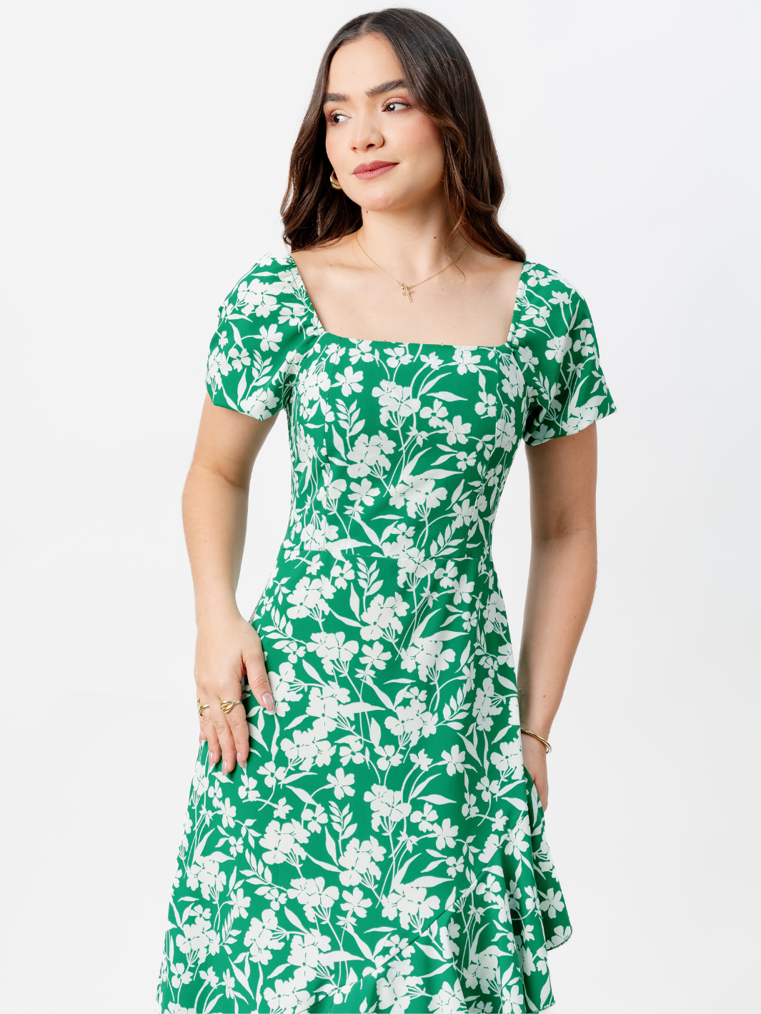 VESTIDO CASUAL LARGO PAOLA VERDE FLOREADO