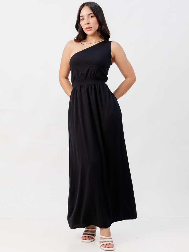 VESTIDO LARGO ASIMETRICO JAZMIN NEGRO