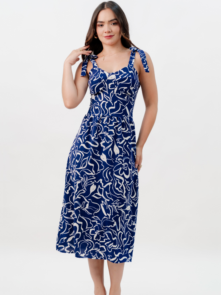VESTIDO MIDI ESTILO CORSET LEYDI AZUL FLOREADO