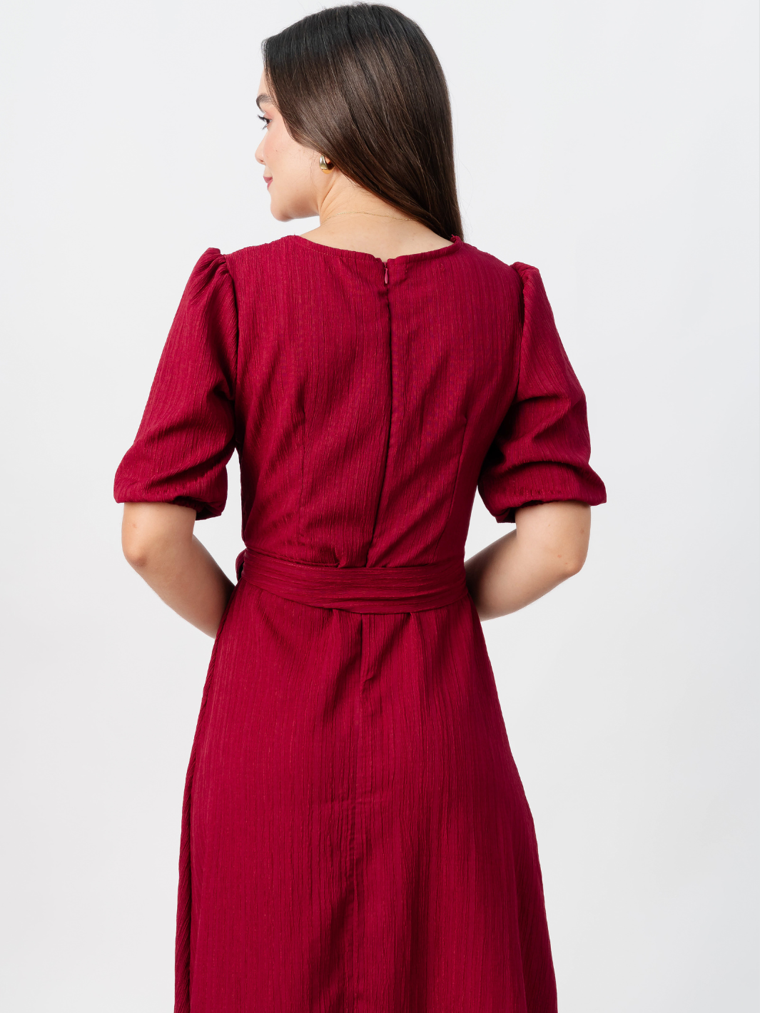VESTIDO MIDI EN CORTE A CON LAZO SOLEDAD VINO