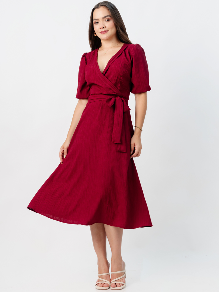 VESTIDO MIDI EN CORTE A CON LAZO SOLEDAD VINO