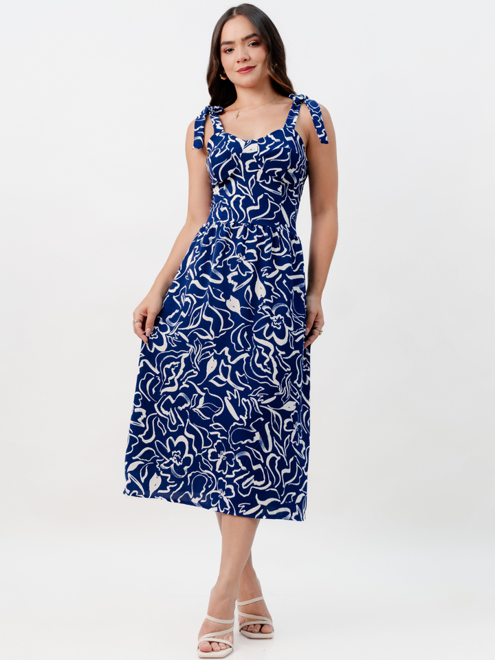 VESTIDO MIDI ESTILO CORSET LEYDI AZUL FLOREADO