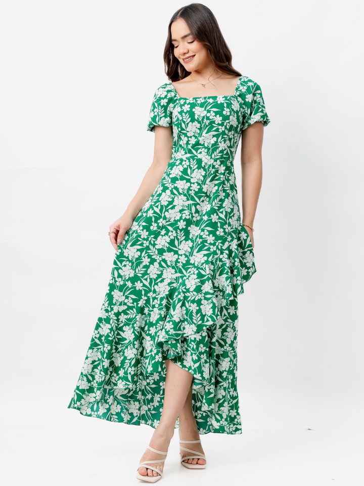 VESTIDO CASUAL LARGO PAOLA VERDE FLOREADO