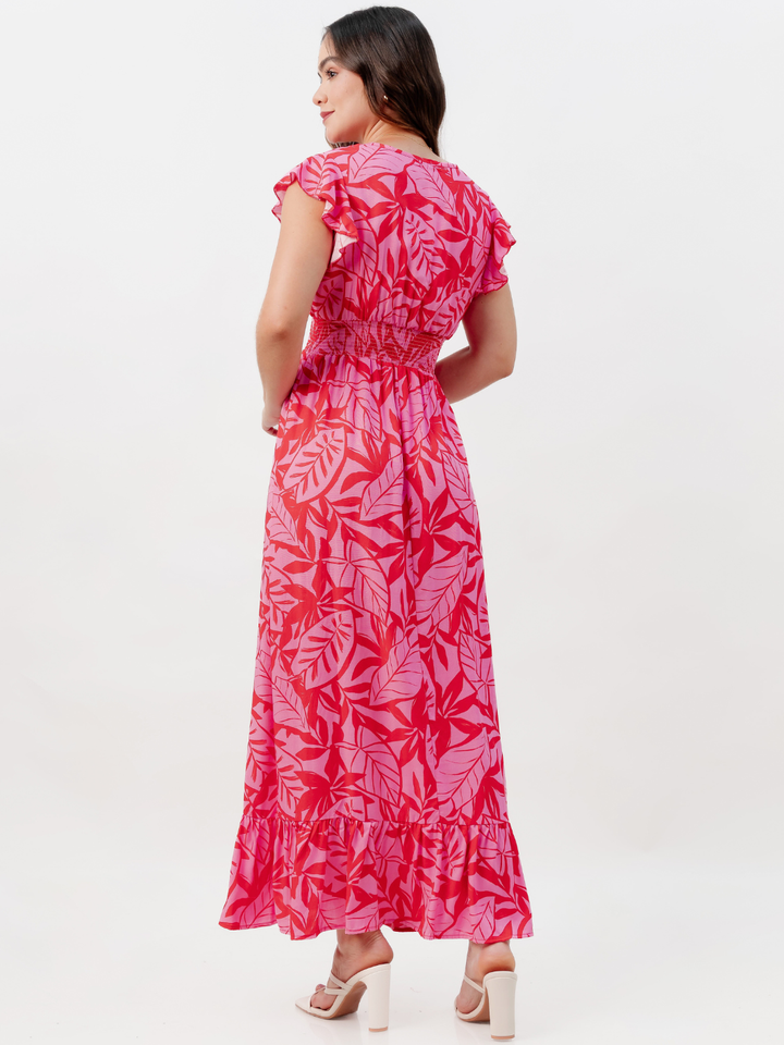 VESTIDO CASUAL LARGO SAYURI FUCSIA FLOREADO