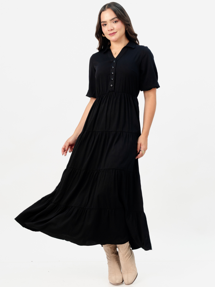 VESTIDO CAMISERO CON FALDA EN TIEMPOS ZAMIRA NEGRO