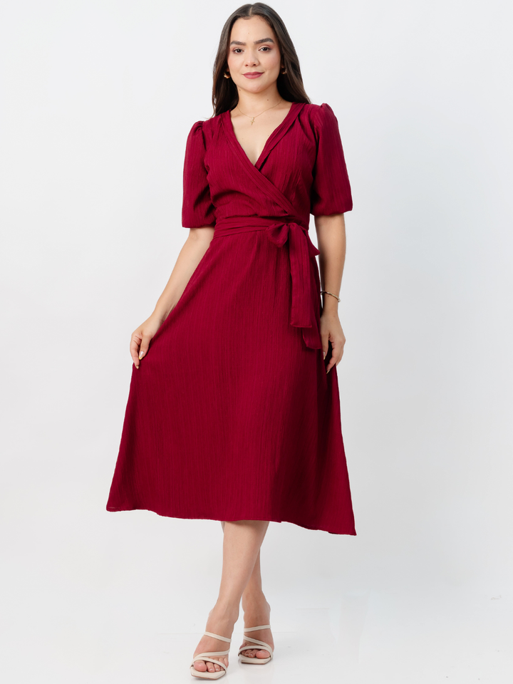 VESTIDO MIDI EN CORTE A CON LAZO SOLEDAD VINO