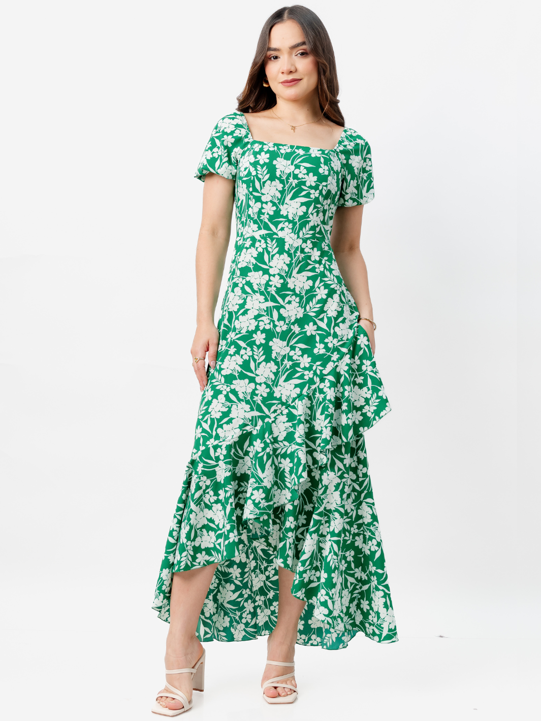 VESTIDO CASUAL LARGO PAOLA VERDE FLOREADO