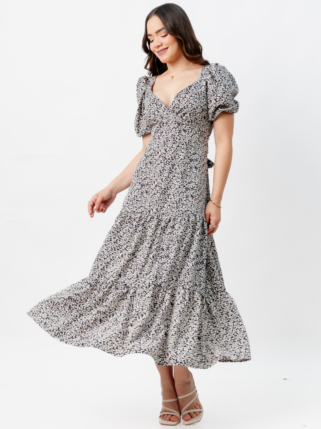 VESTIDO CASUAL LARGO CON LAZO TILZA PERLA/NEGRO