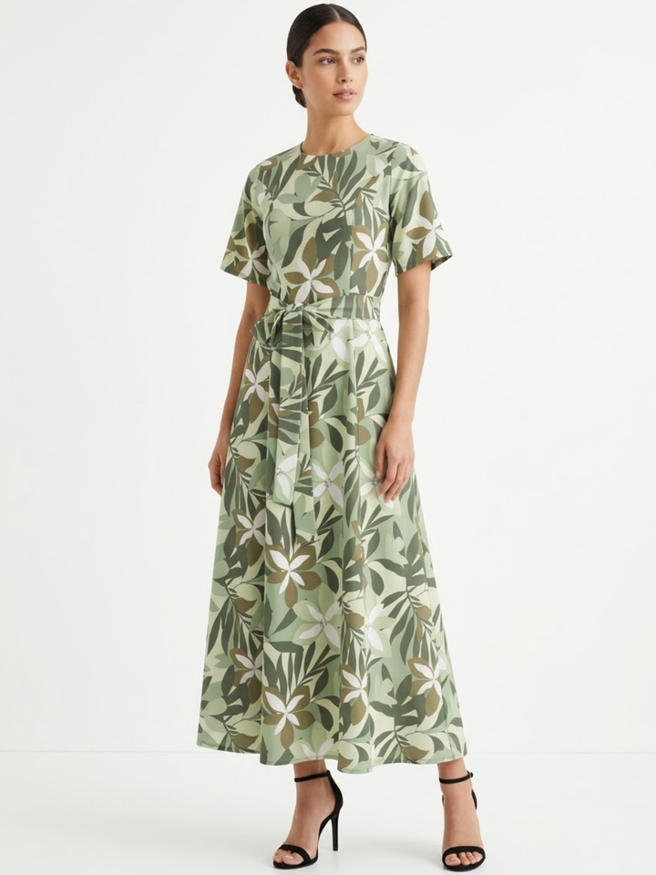 VESTIDO CASUAL MANGA CORTA CON LAZO MIREYA VERDE FLOREADO