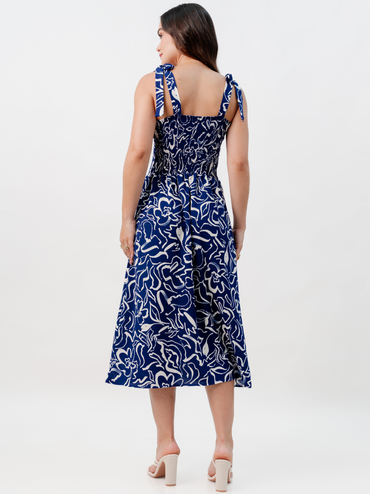 VESTIDO MIDI ESTILO CORSET LEYDI AZUL FLOREADO