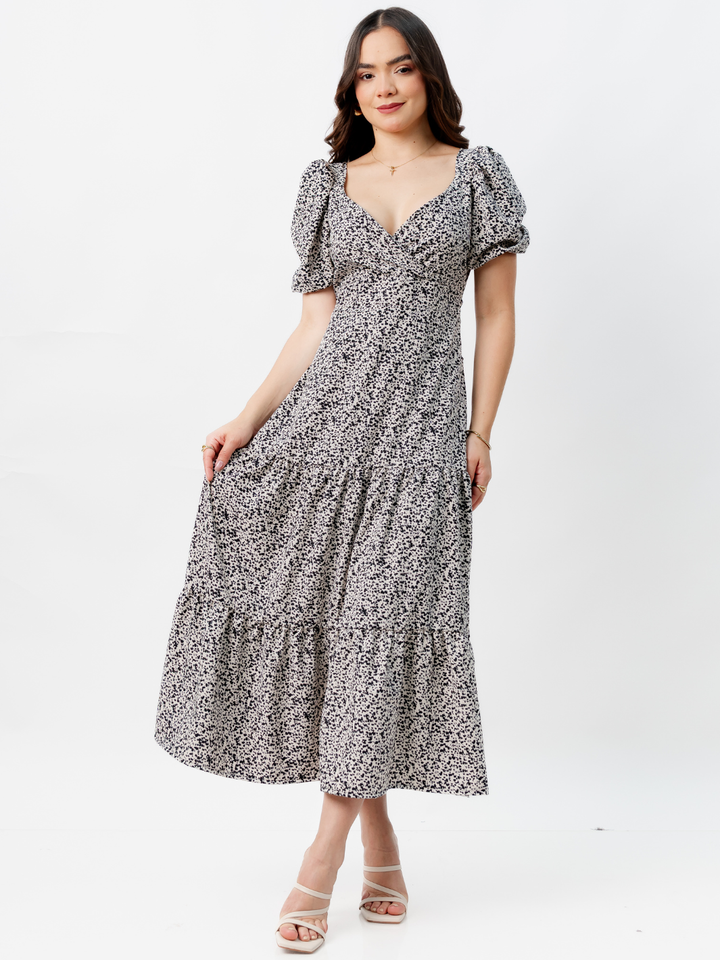 VESTIDO CASUAL LARGO CON LAZO TILZA PERLA/NEGRO