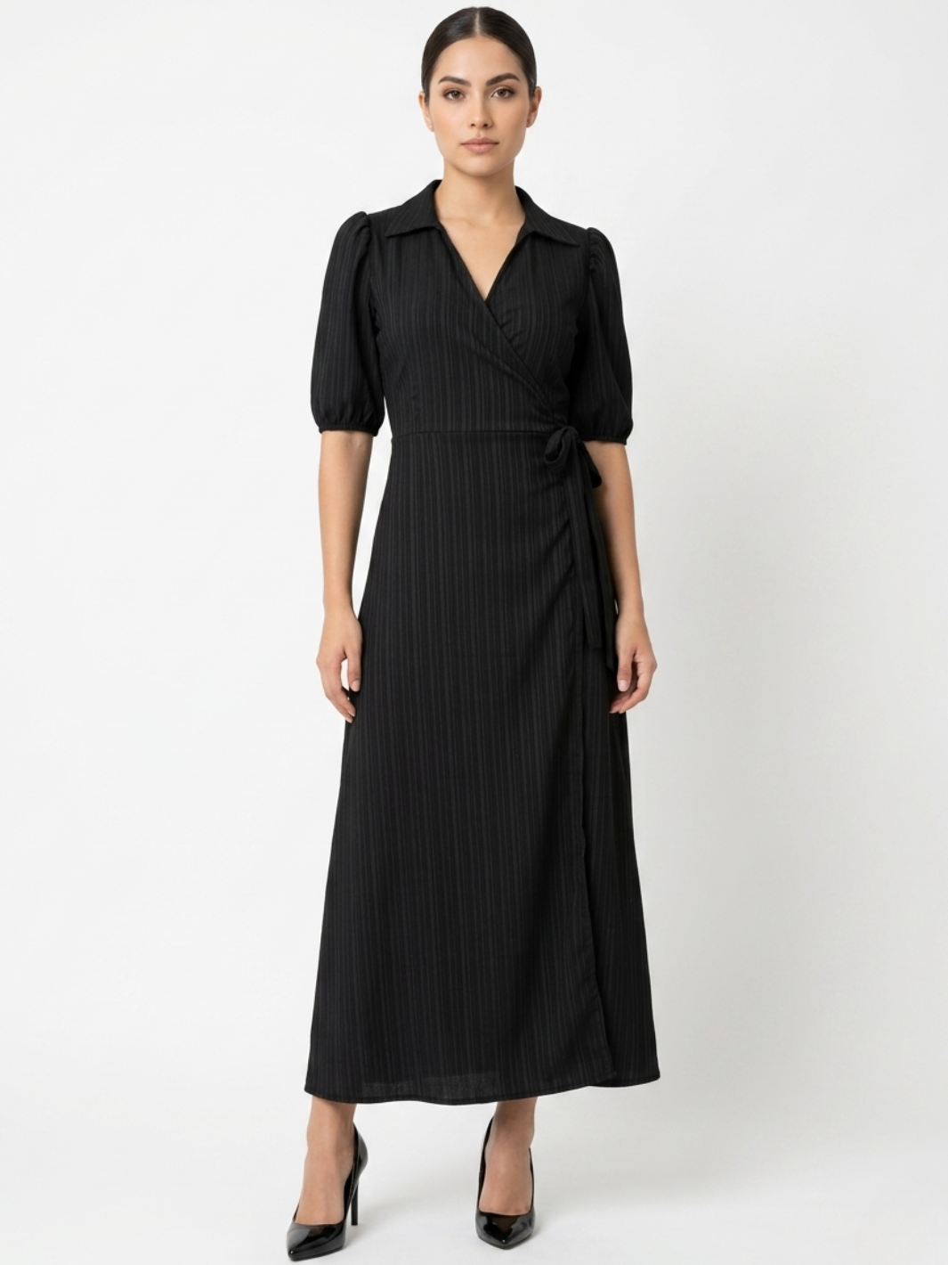 VESTIDO ENVOLVENTE CON CUELLO CAMISERO GRACE NEGRO