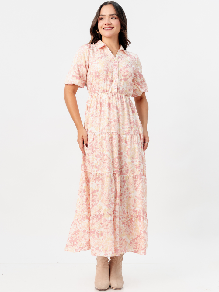 VESTIDO CAMISERO CON FALDA EN TIEMPOS ZAMIRA CORAL FLOREADO