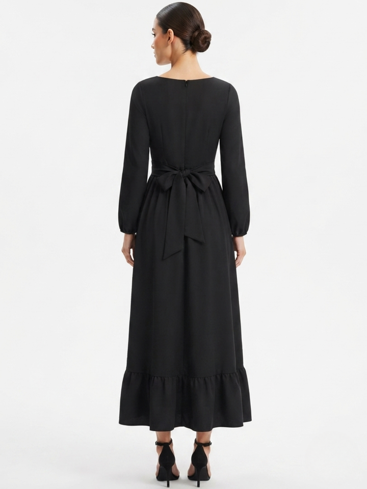 VESTIDO MANGA LARGA CON CUELLO OJAL Y LAZO GIANI NEGRO