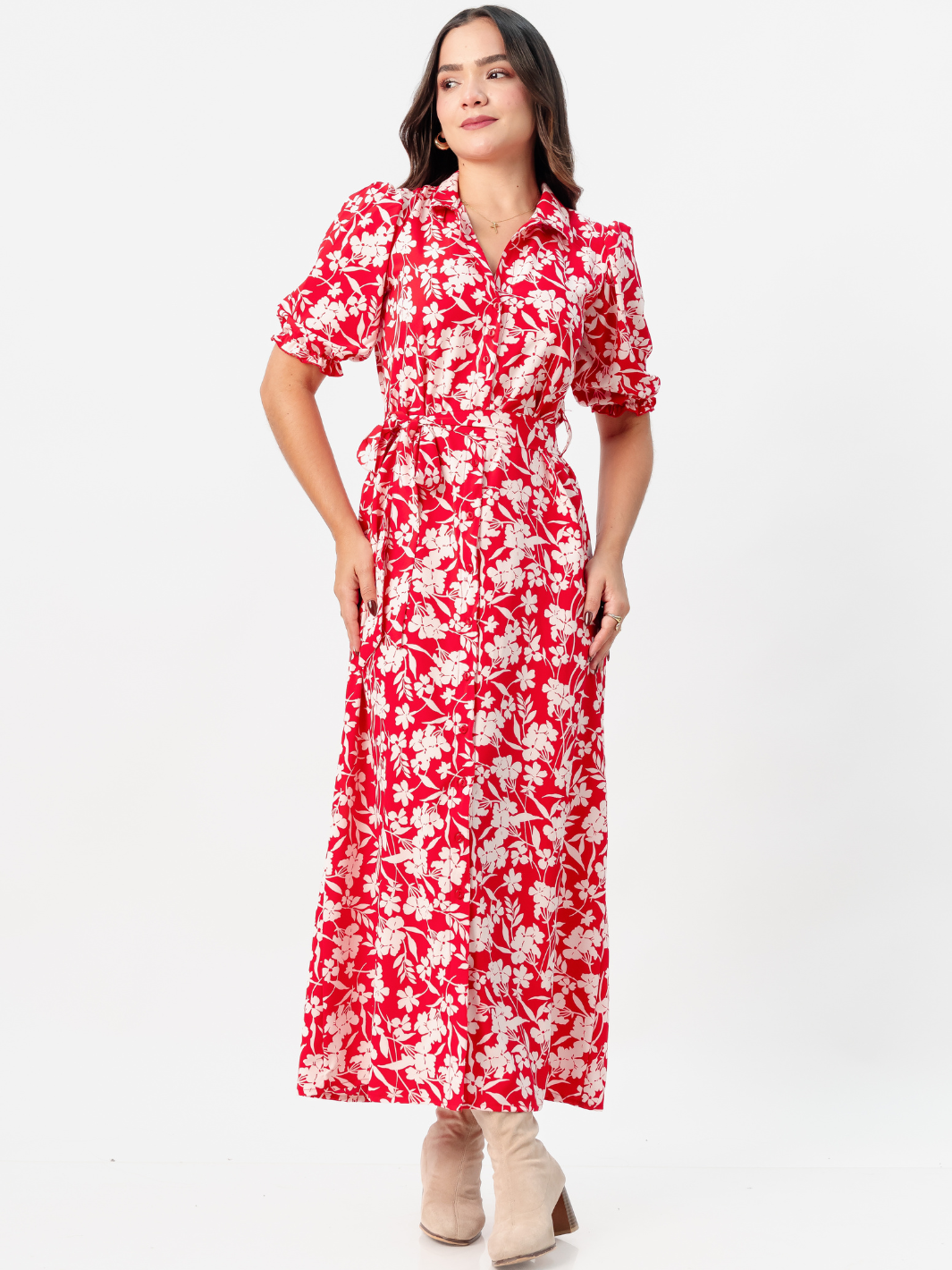 VESTIDO CAMISERO CON CINTURON ASIA ROJO FLOREADO