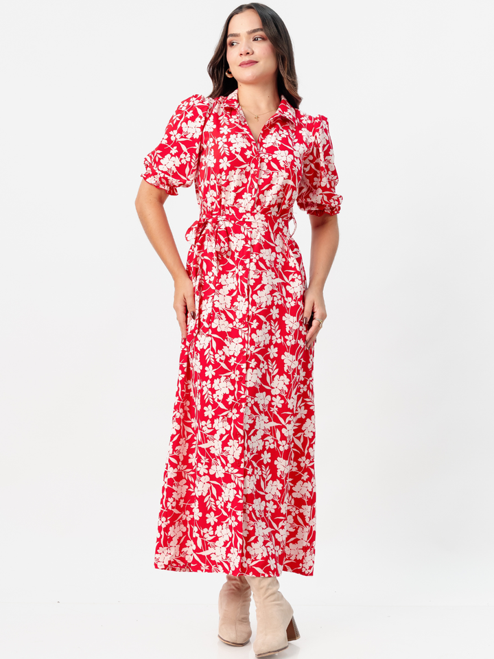 VESTIDO CAMISERO CON CINTURON ASIA ROJO FLOREADO