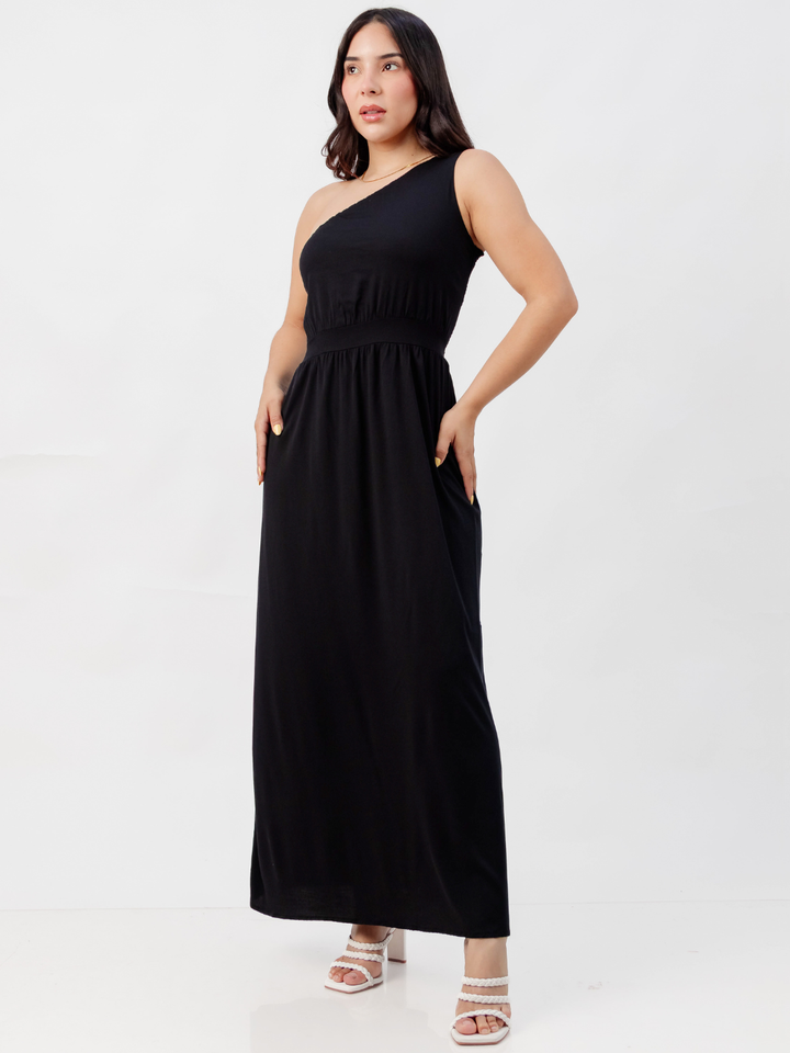 VESTIDO LARGO ASIMETRICO JAZMIN NEGRO