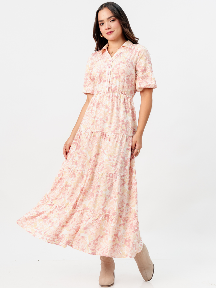 VESTIDO CAMISERO CON FALDA EN TIEMPOS ZAMIRA CORAL FLOREADO