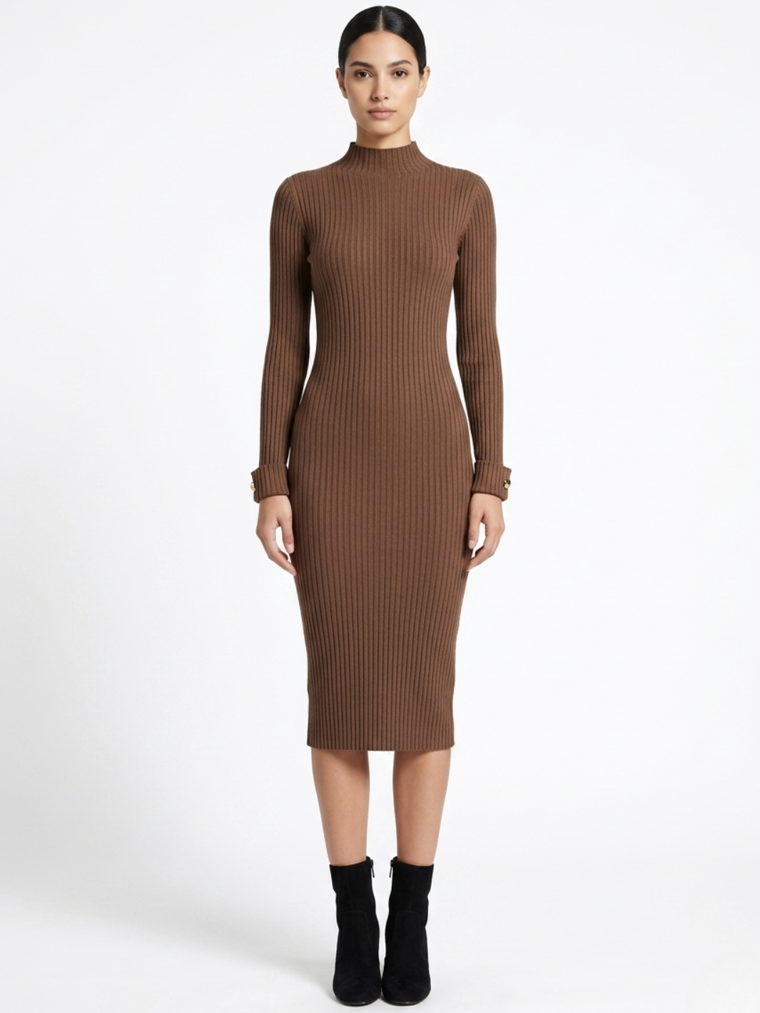 VESTIDO TEJIDO CON CUELLO ALTO MADDI CHOCOLATE