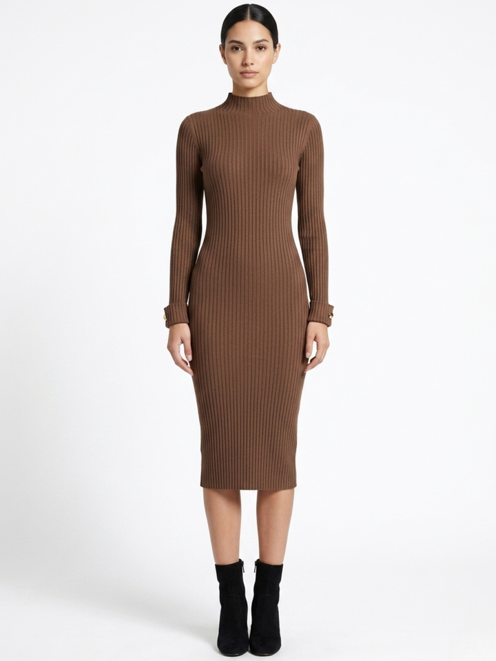 VESTIDO TEJIDO CON CUELLO ALTO MADDI CHOCOLATE