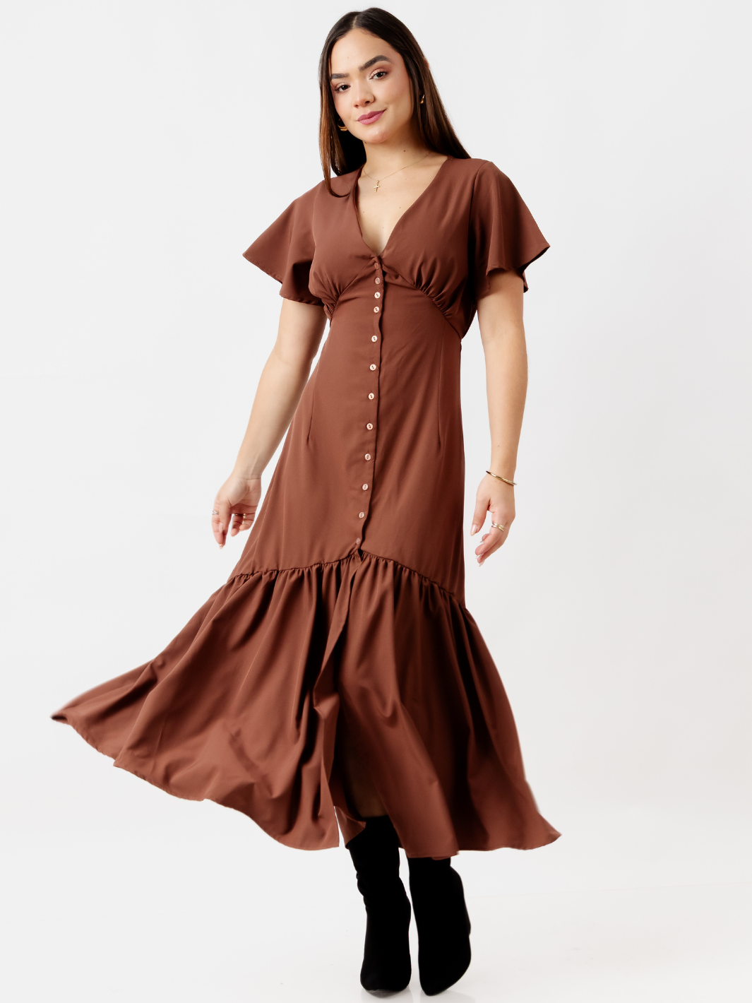 VESTIDO LARGO CON BOTONES MONSERRAT CHOCOLATE