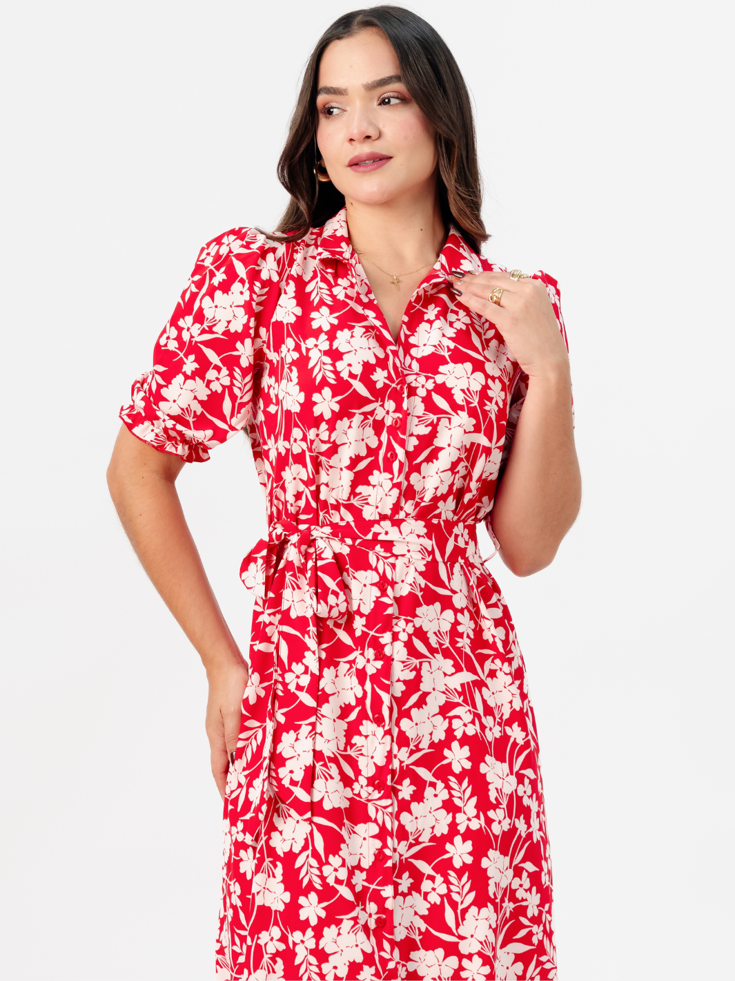 VESTIDO CAMISERO CON CINTURON ASIA ROJO FLOREADO