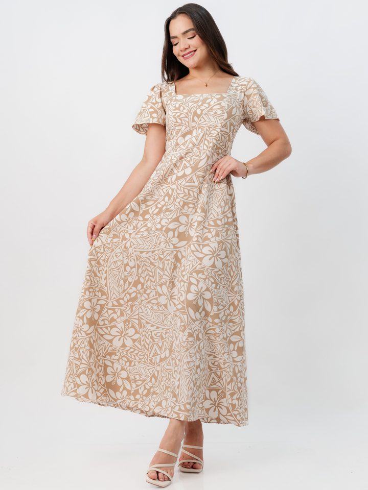 VESTIDO CASUAL LARGO AMELIA NUDE FLOREADO