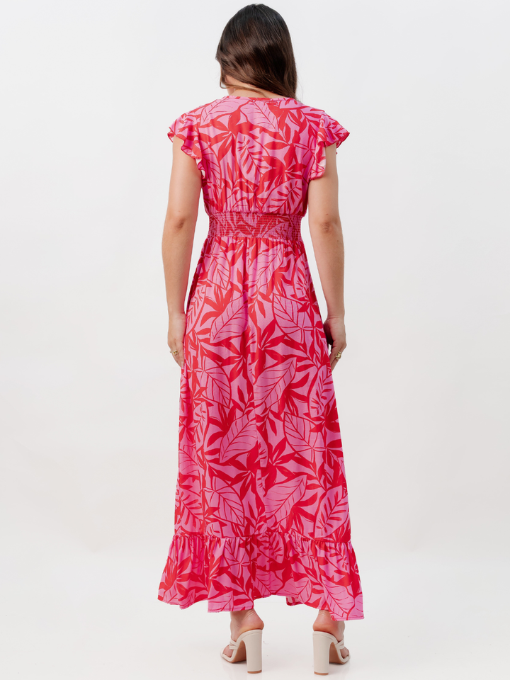 VESTIDO CASUAL LARGO SAYURI FUCSIA FLOREADO