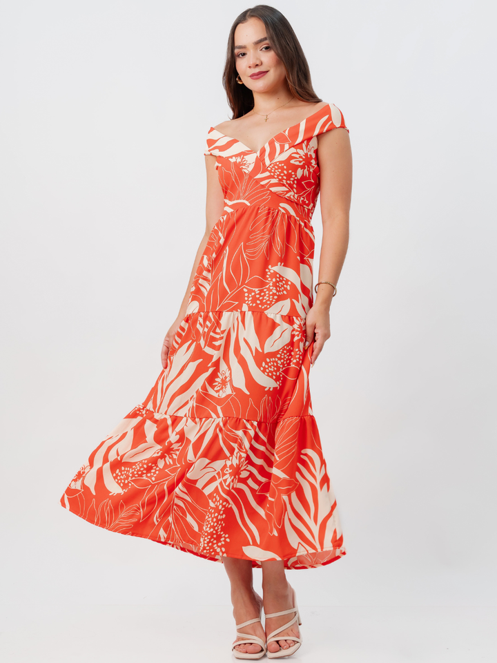 VESTIDO CASUAL CON ESCOTE SUTIL TERESA NARANJA FLOREADO