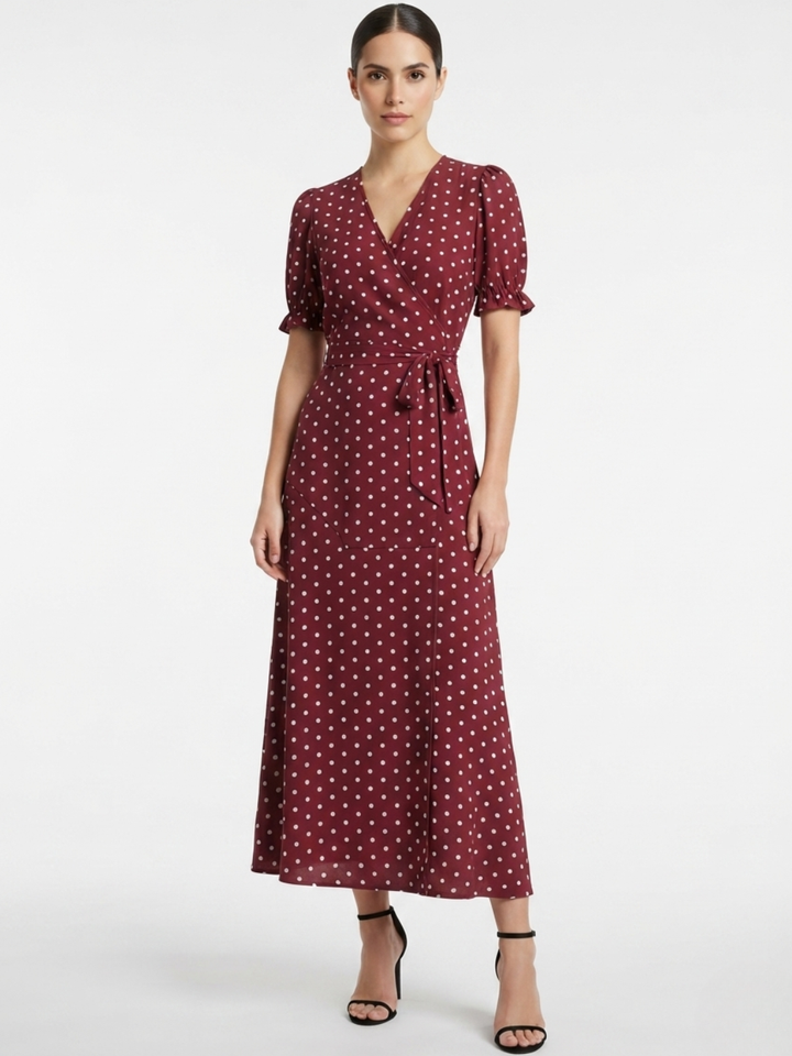VESTIDO ENVOLVENTE ANI VINO POLKA DOTS