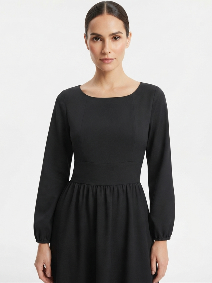 VESTIDO MANGA LARGA CON CUELLO OJAL Y LAZO GIANI NEGRO