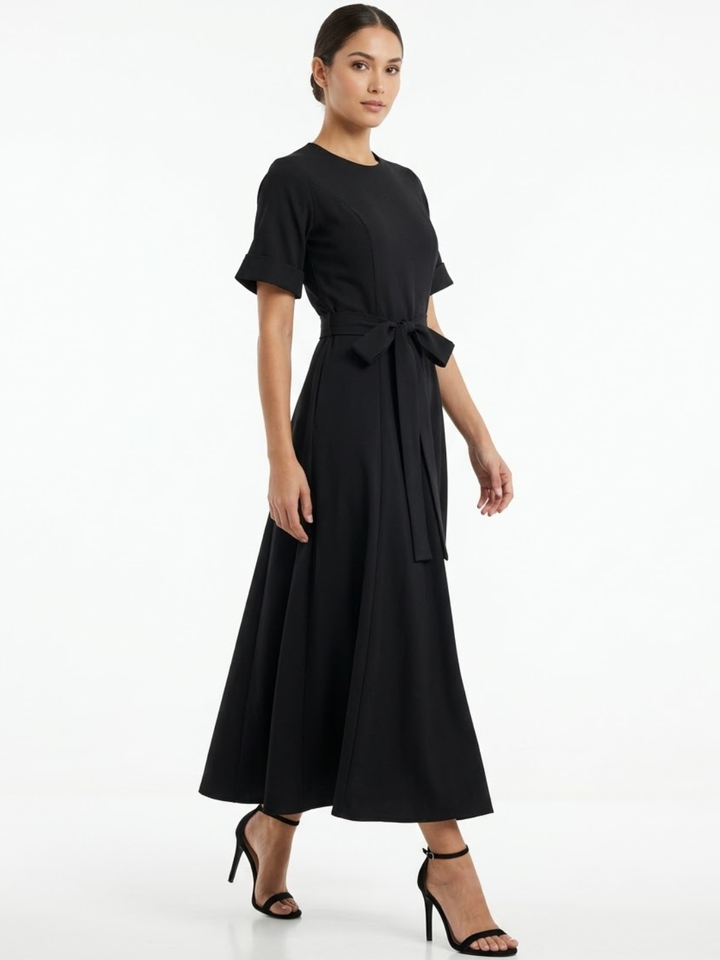 VESTIDO CASUAL MANGA CORTA CON LAZO MIREYA NEGRO