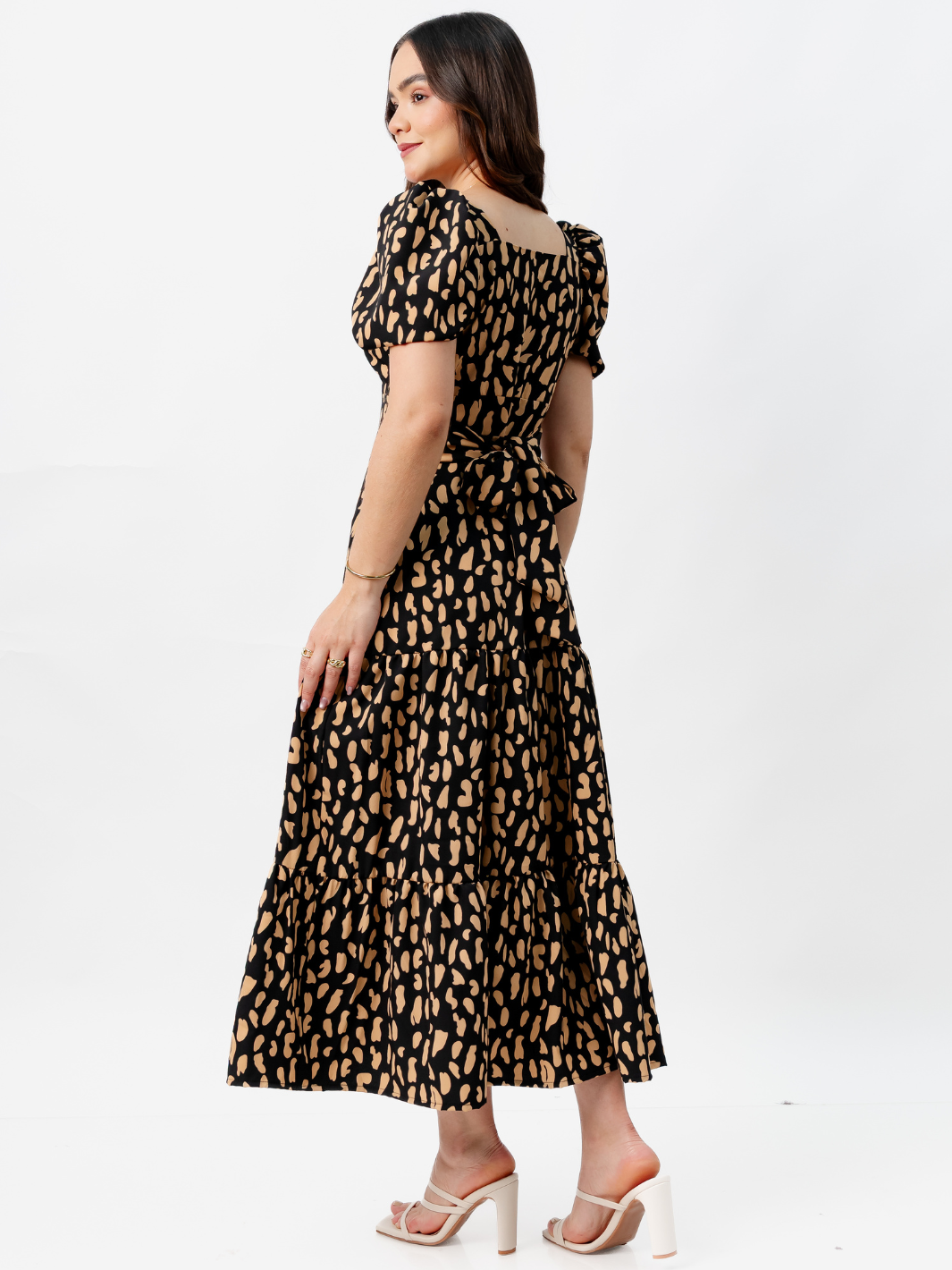 VESTIDO CASUAL LARGO CON LAZO TILZA NEGRO/CAMEL