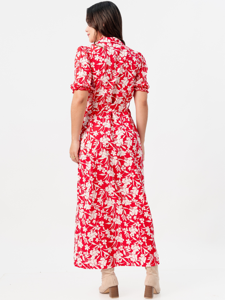 VESTIDO CAMISERO CON CINTURON ASIA ROJO FLOREADO