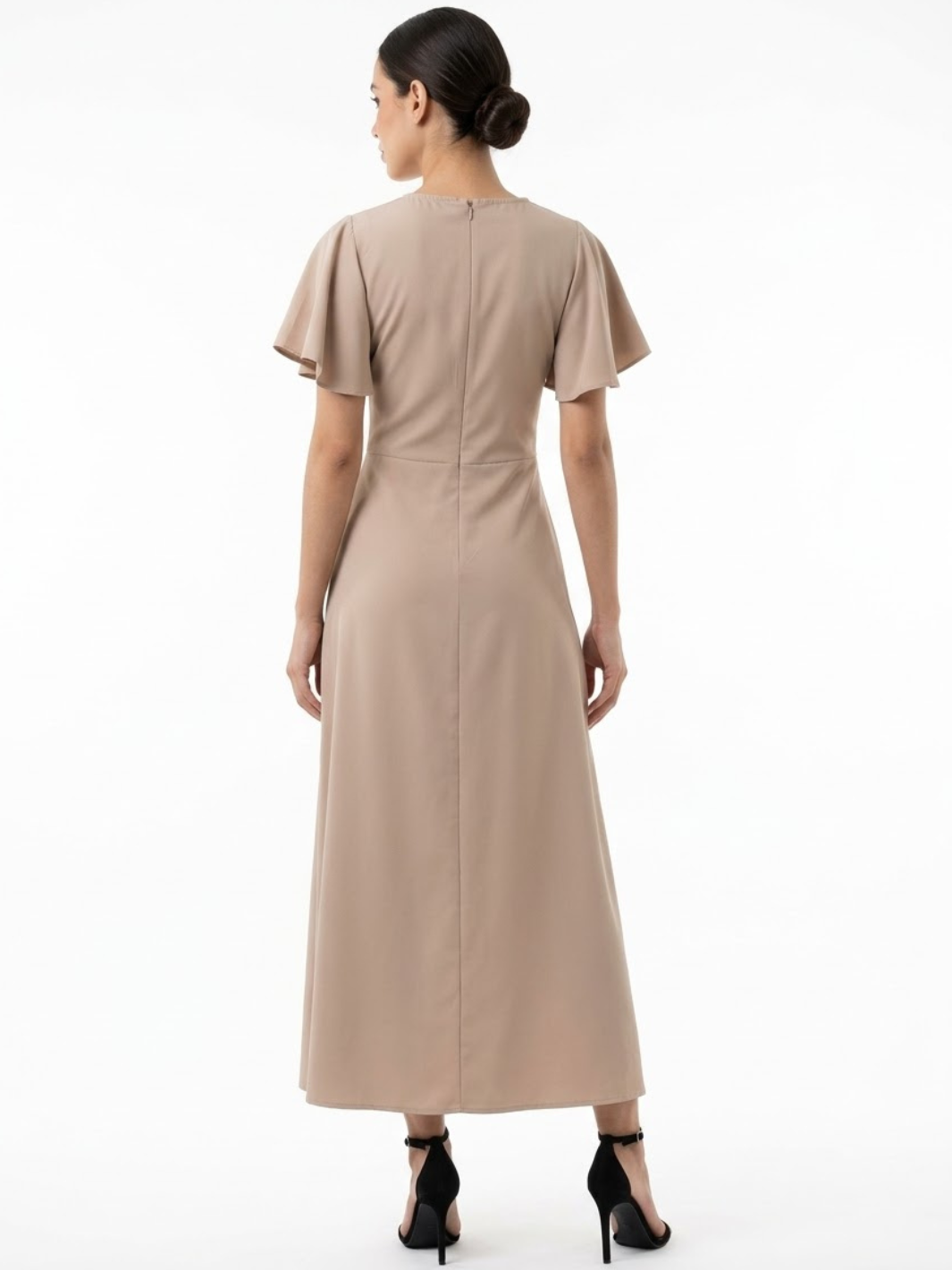 VESTIDO CASUAL CON FALDA EN CORTE A Y LAZO DAFNE NUDE