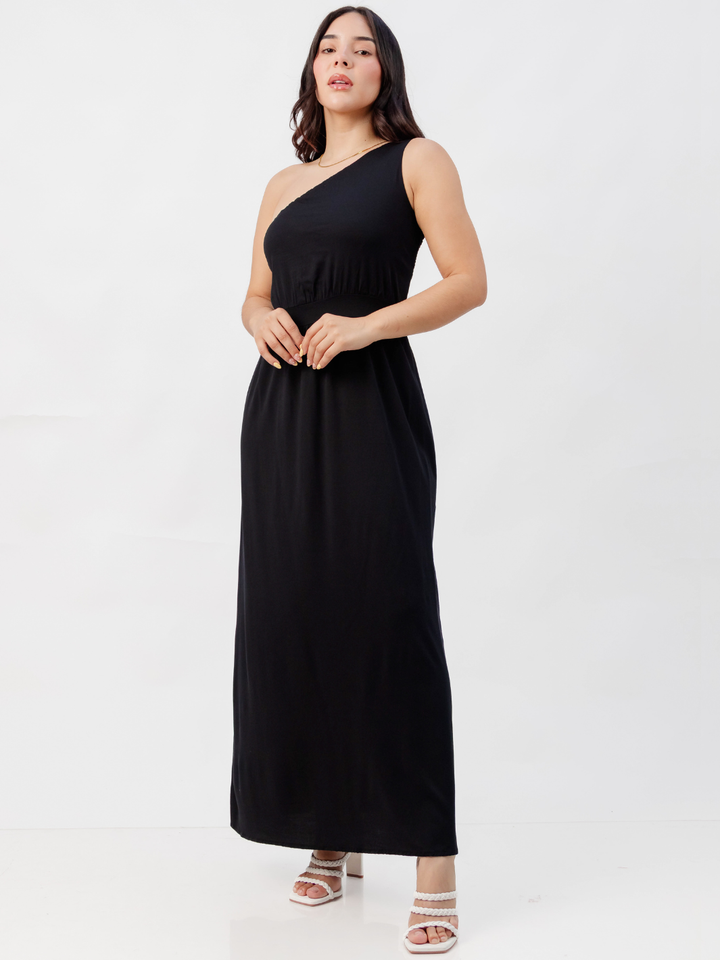VESTIDO LARGO ASIMETRICO JAZMIN NEGRO