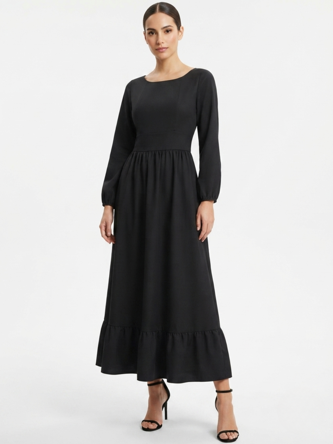 VESTIDO MANGA LARGA CON CUELLO OJAL Y LAZO GIANI NEGRO