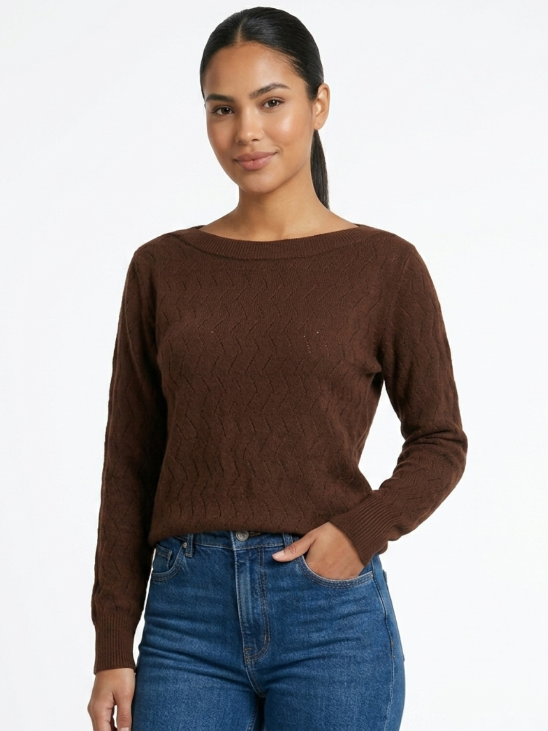 CHOMPA TEJIDA CON CUELLO OJAL CECILIA CHOCOLATE