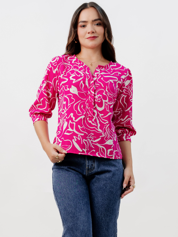 BLUSA MANGA 3/4 CALA FUCSIA FLOREADO