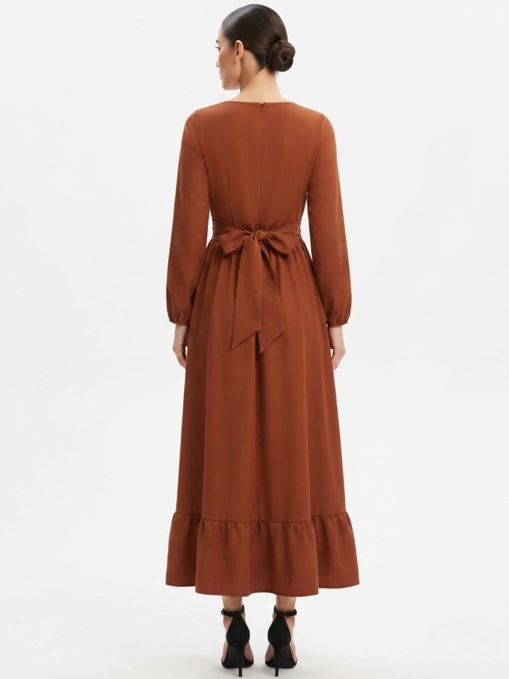 VESTIDO MANGA LARGA CON CUELLO OJAL Y LAZO GIANI RUST
