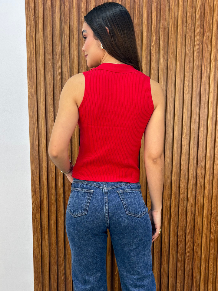 TOP TEJIDO CUELLO CAMISERO LUPE ROJO