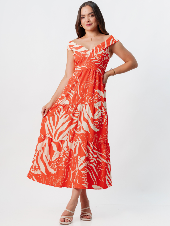 VESTIDO CASUAL CON ESCOTE SUTIL TERESA NARANJA FLOREADO