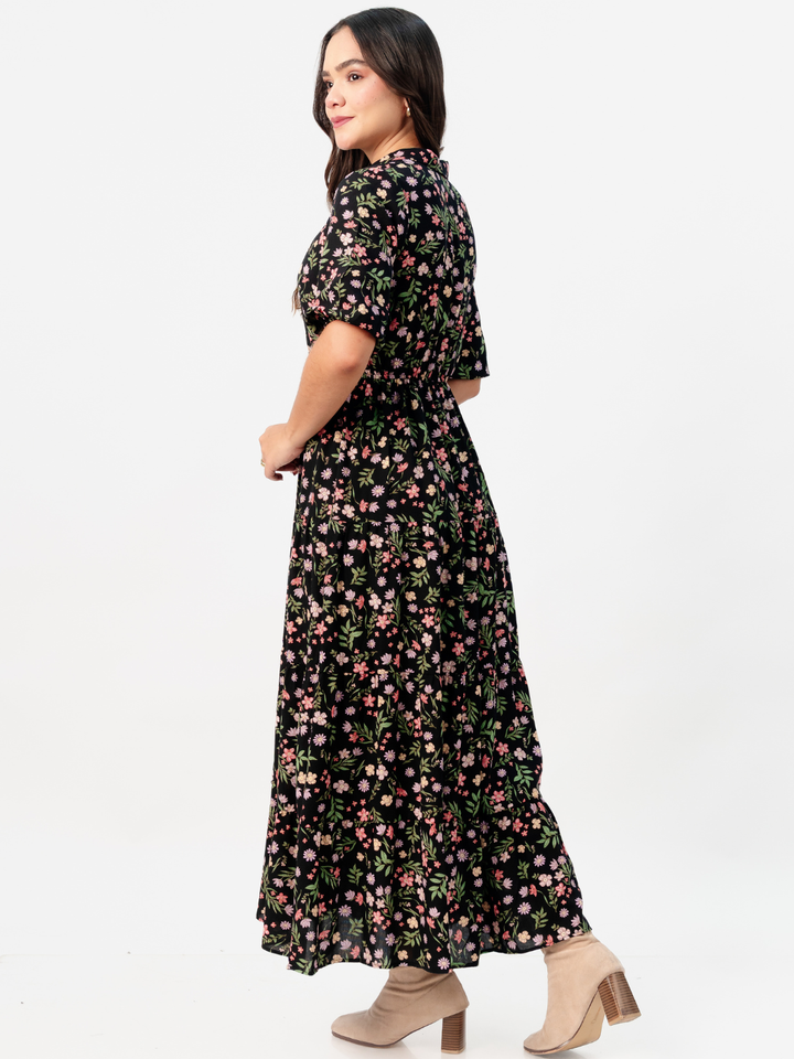 VESTIDO CAMISERO CON FALDA EN TIEMPOS ZAMIRA NEGRO FLOREADO