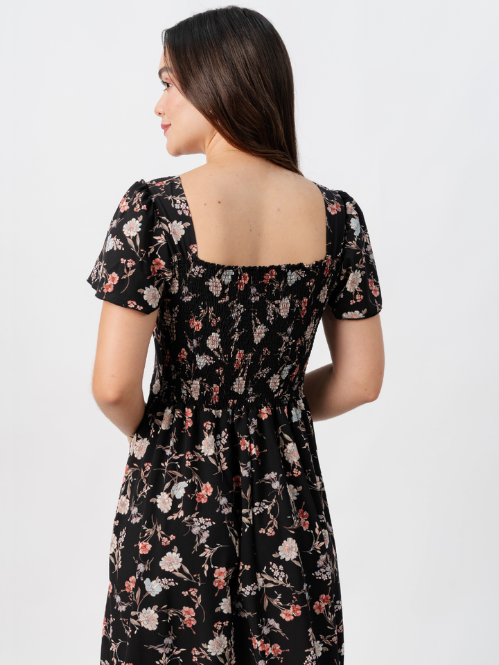 VESTIDO CASUAL LARGO AMELIA NEGRO FLOREADO