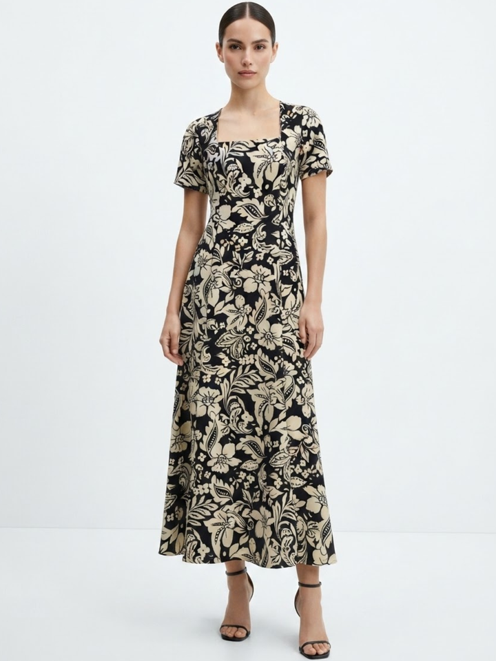 VESTIDO CASUAL CON CUELLO CUADRADO Y CORTE CAMPANA MABEL NEGRO FLOREADO