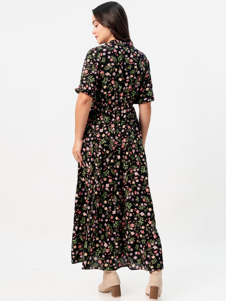 VESTIDO CAMISERO CON FALDA EN TIEMPOS ZAMIRA NEGRO FLOREADO