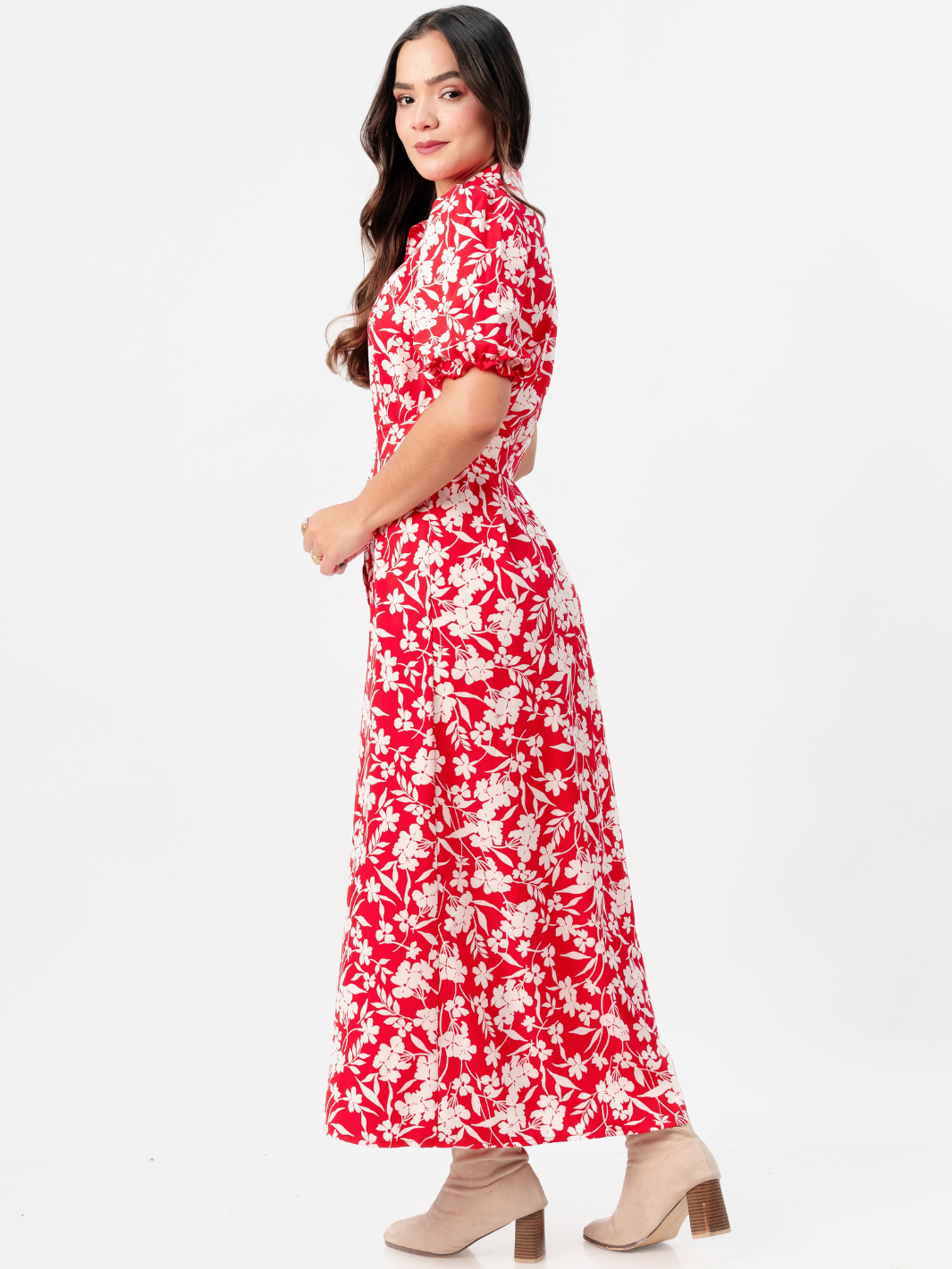 VESTIDO CAMISERO CON CINTURON ASIA ROJO FLOREADO